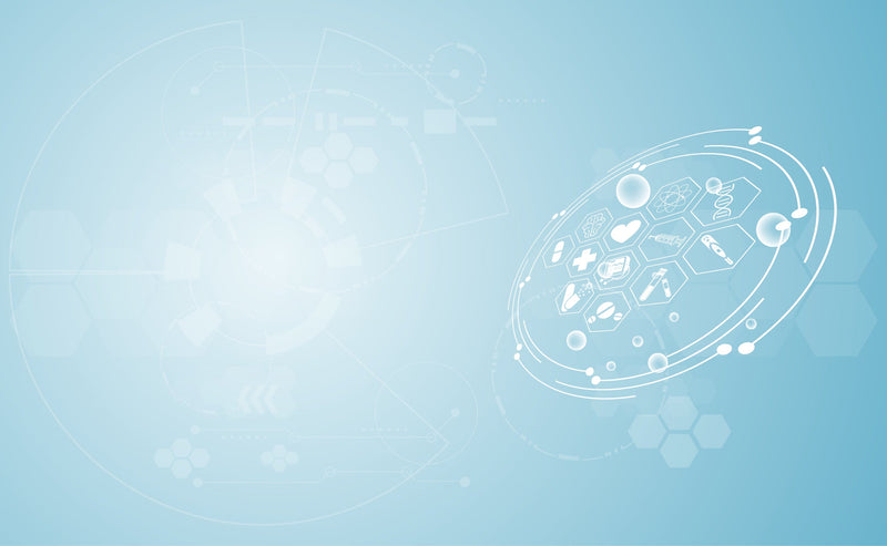 White line art of a ship with icons on a light blue background